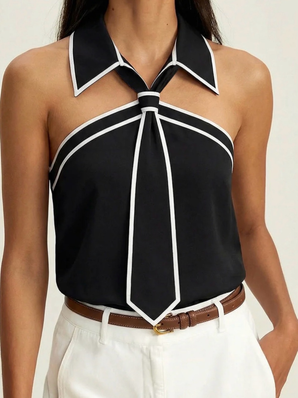 Commense Black Halter Tie Detail Top with White Piping - Picture 2 of 5